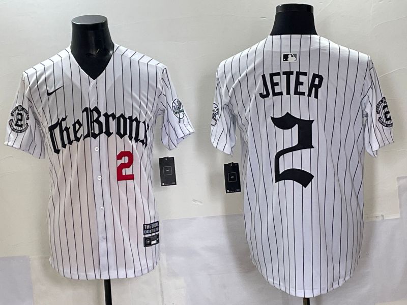 Men 2025 New York Yankees #2 Jeter White Stripe Five generations Joint Name Nike MLB Jersey style 03